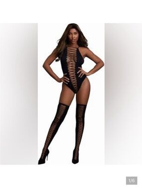 Dreamgirl Black Lace-Up Fishnet Bodysuit with Thigh-Highs
